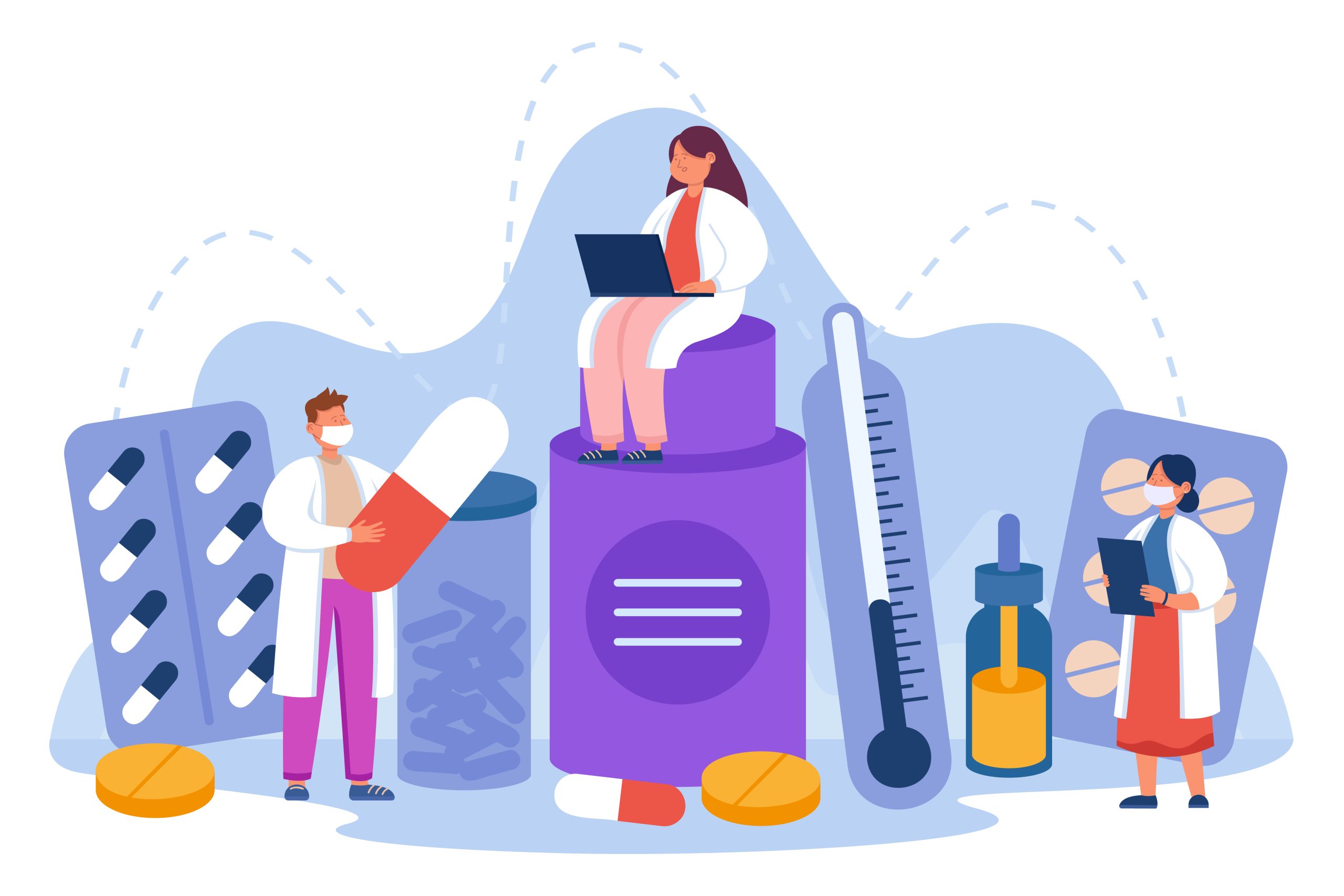 Tiny pharmacist with pills and vitamins flat vector illustration
